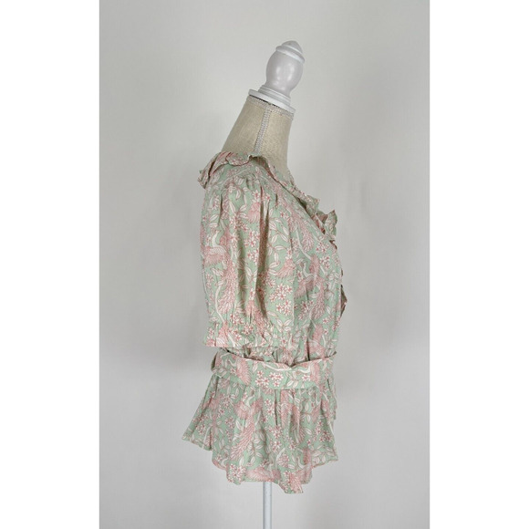 LC Lauren Conrad Womens Peacock Floral Wrap Blouse Short Sleeve XL Green NWT - Picture 3 of 13